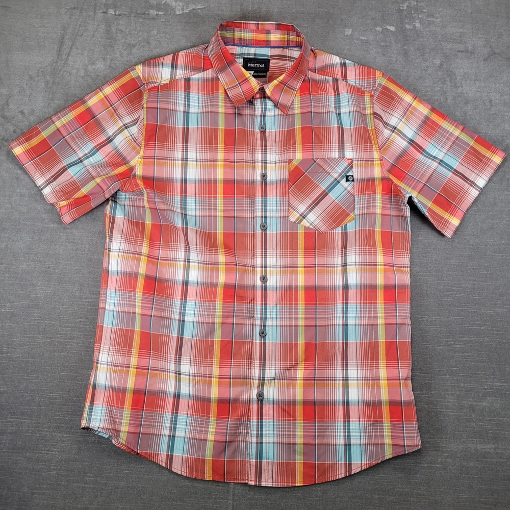 Marmot‎ Mens Plaid Short Sleeve Button Up Shirt Red Yellow Blue Size Med
